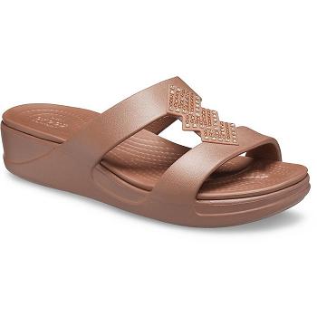 Crocs Monterey Shimmer Slip-On Wedge Hnede - Damske Sandále